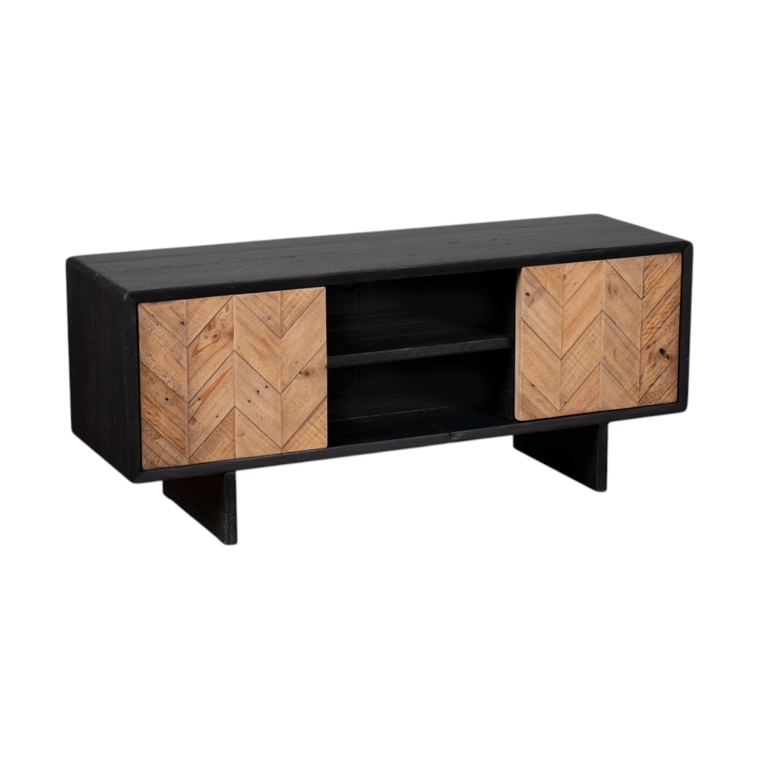 Wooden TV stand with black frame and chevron pattern on doors against a white background