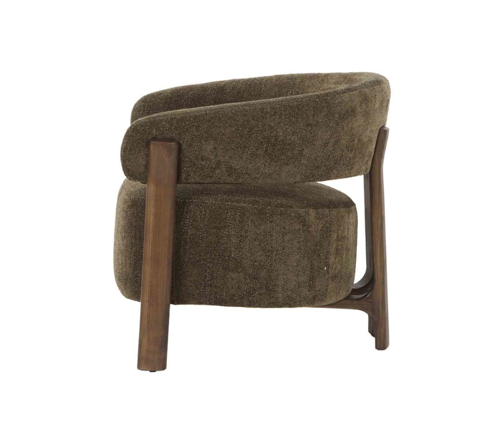 olive green upholstered armchair with wooden legs on a white background