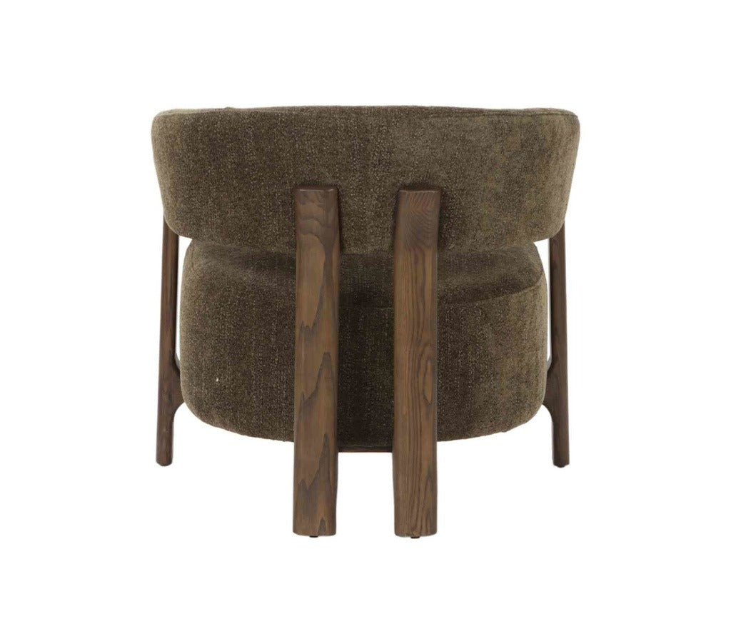 Green upholstered chair with wooden legs on a white background