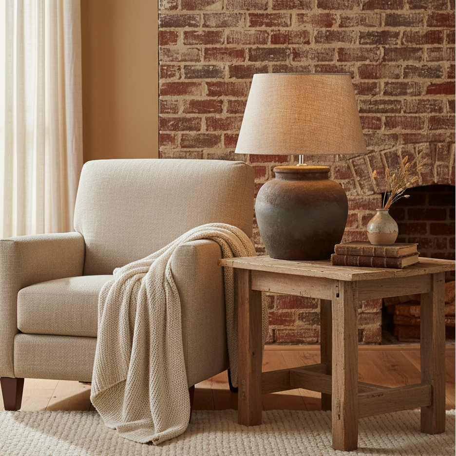 Beige armchair with a blanket and wooden side table against a brick wall.