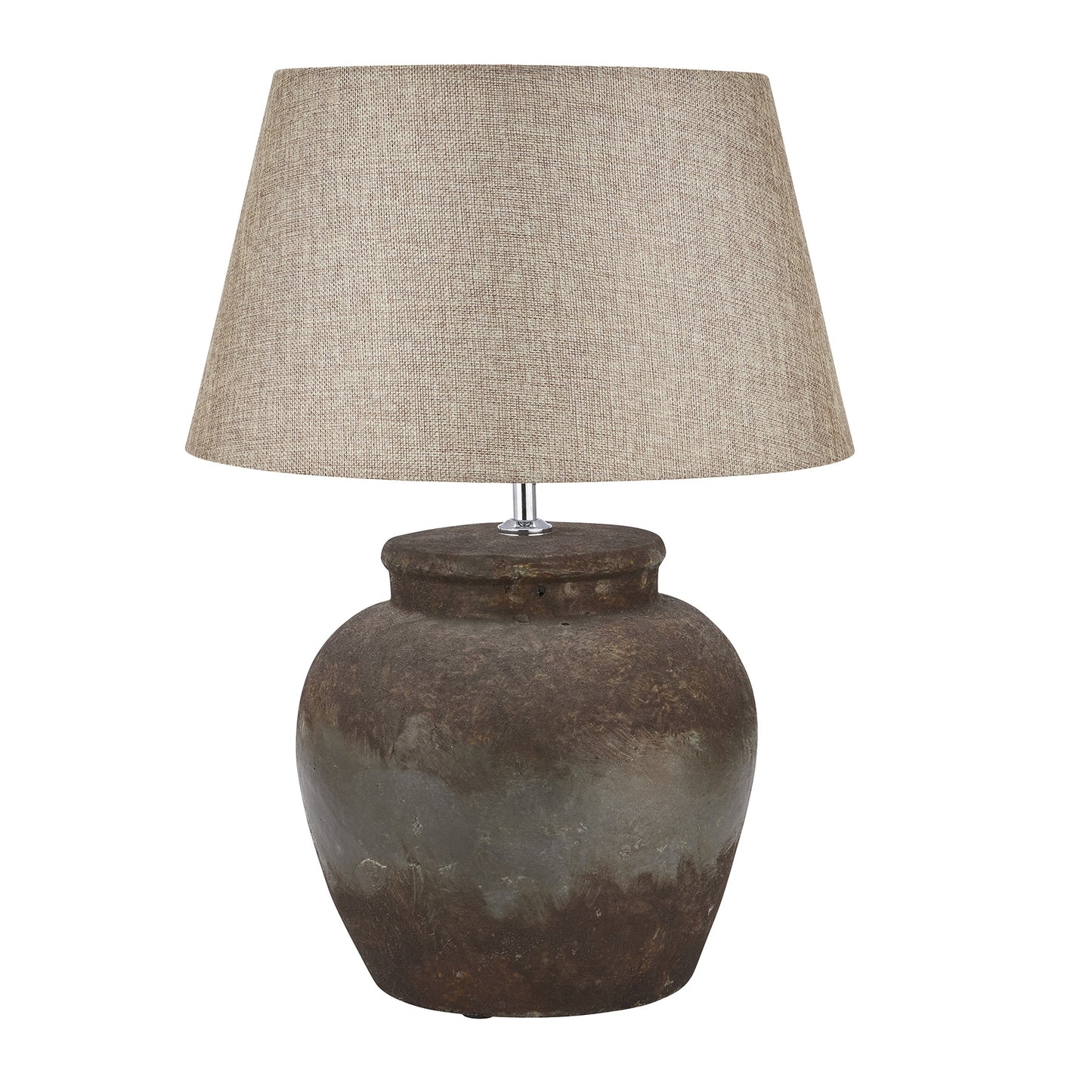 Table lamp with textured brown shade and rustic brown base on a white background