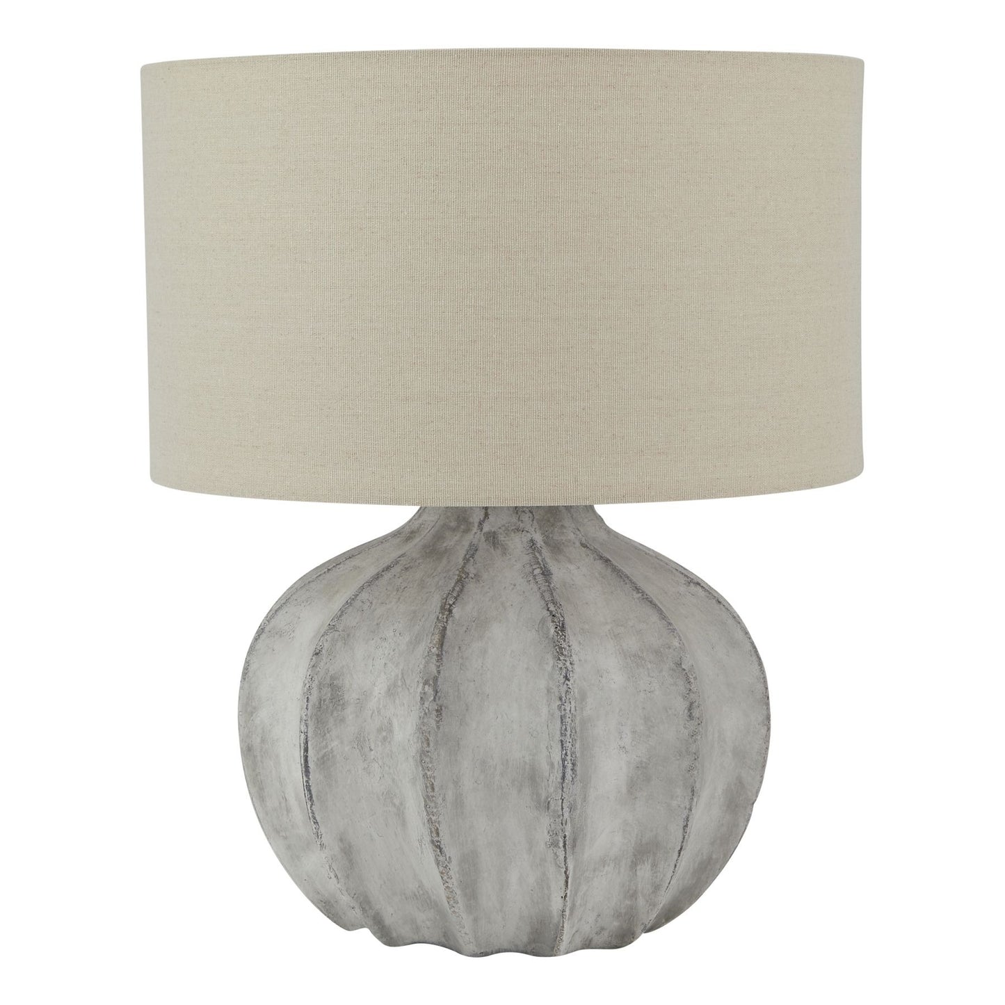 Table lamp with textured white grey base and beige lampshade on a white background