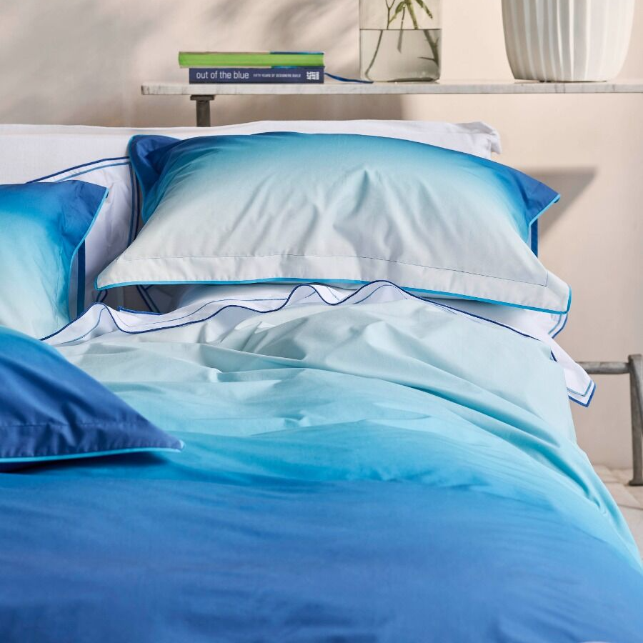 Blue bedding set on a bed with a shelf in the background holding books and vases.
