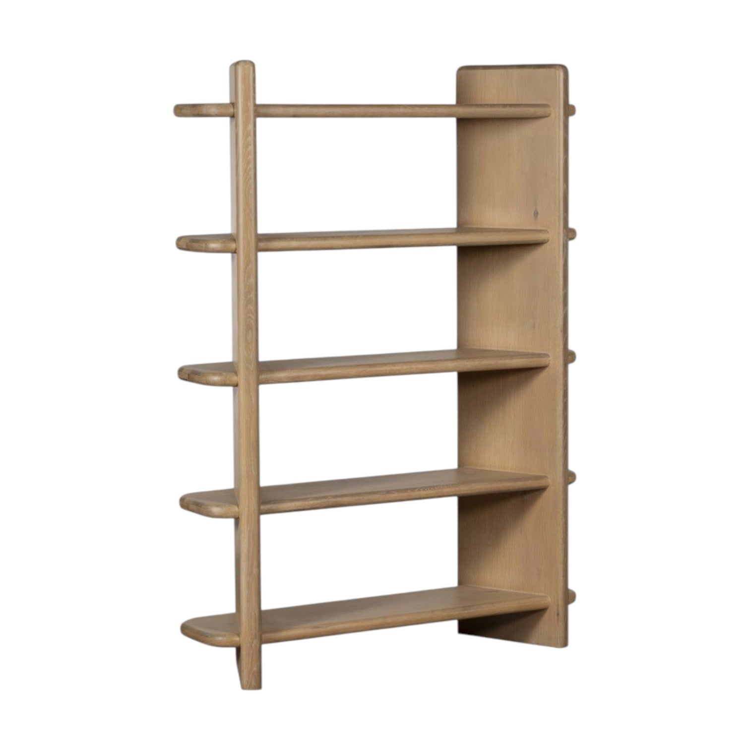 Wooden bookshelf with multiple shelves on a white background