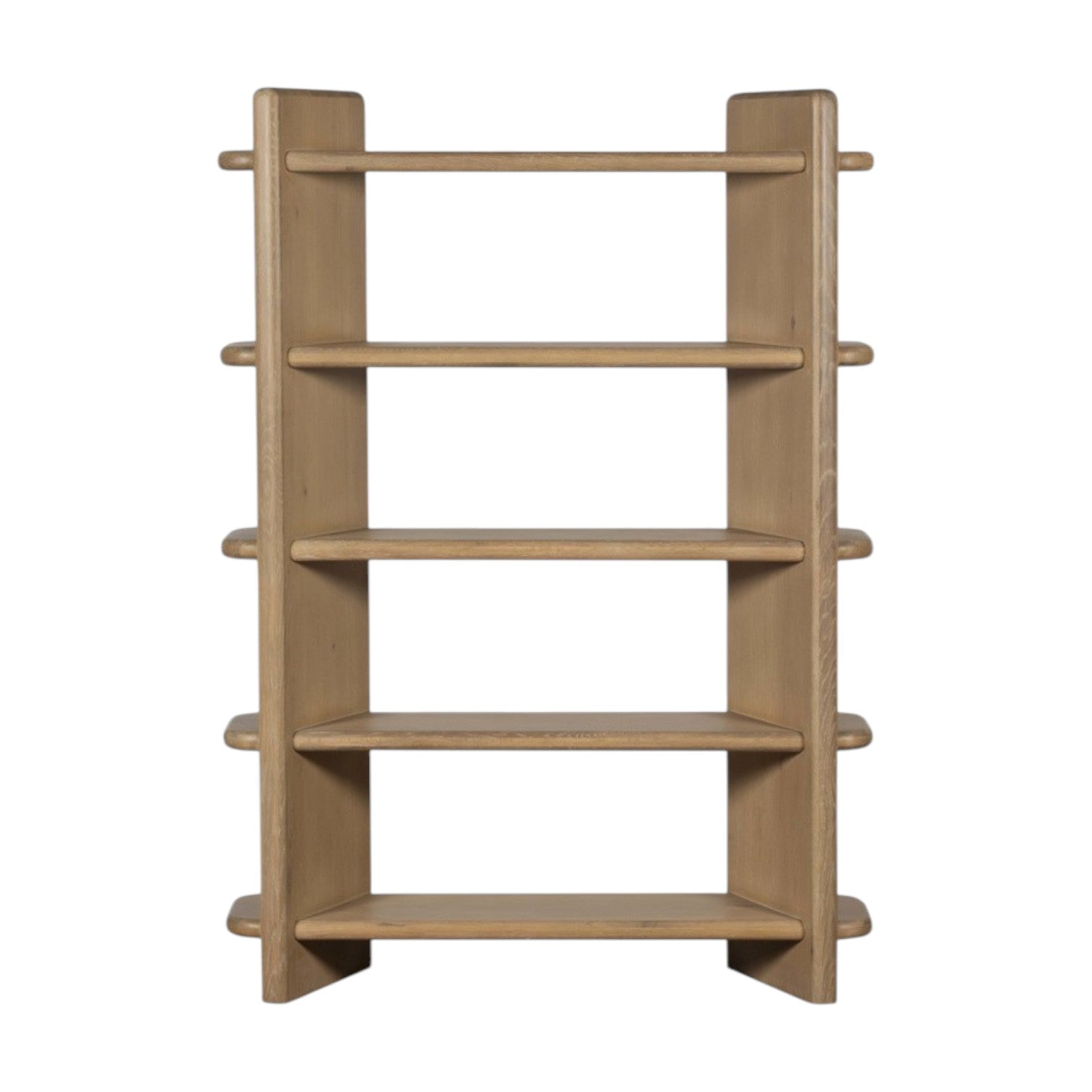 Wooden bookshelf with multiple shelves on a white background
