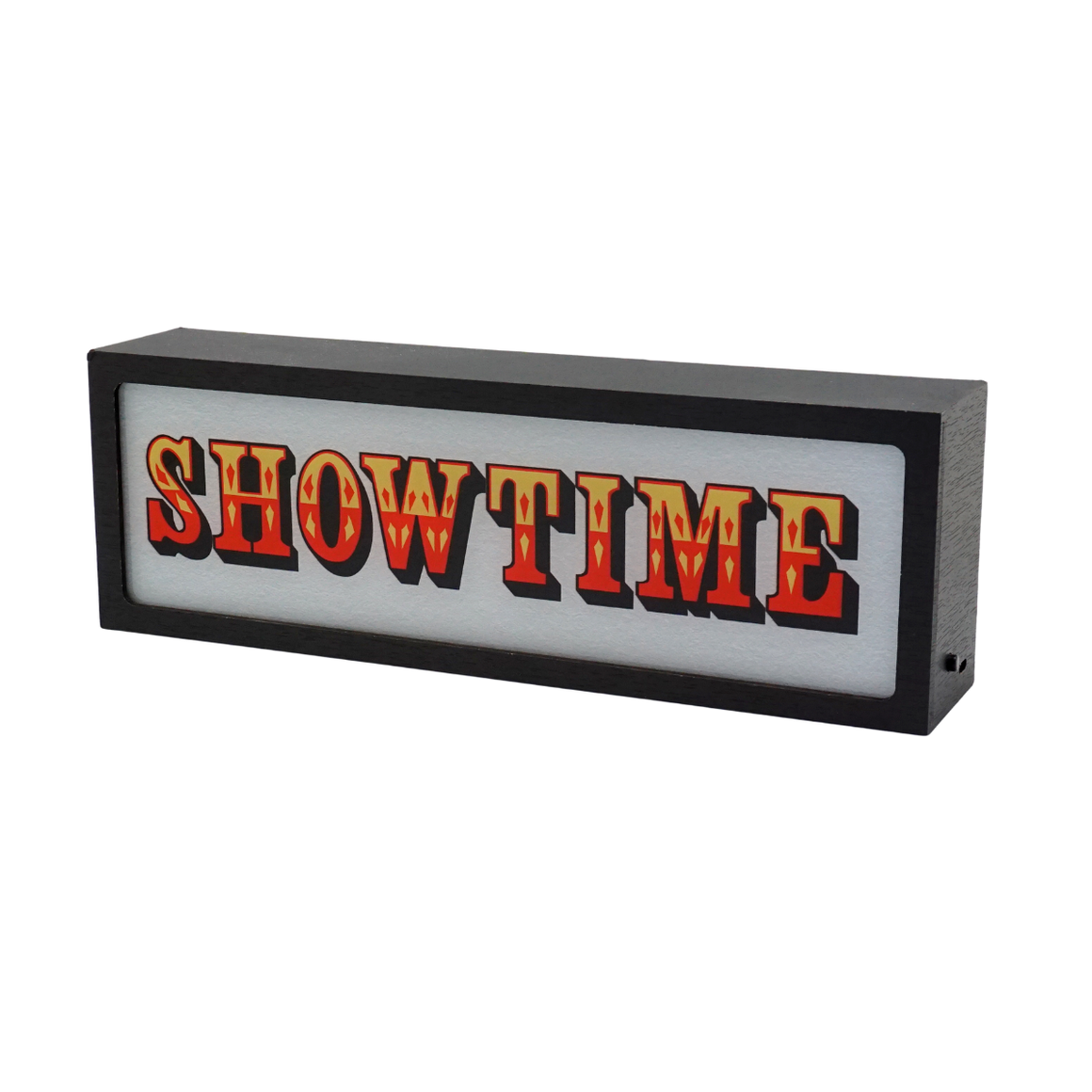Rectangular sign with 'SHOWTIME' text on a white background