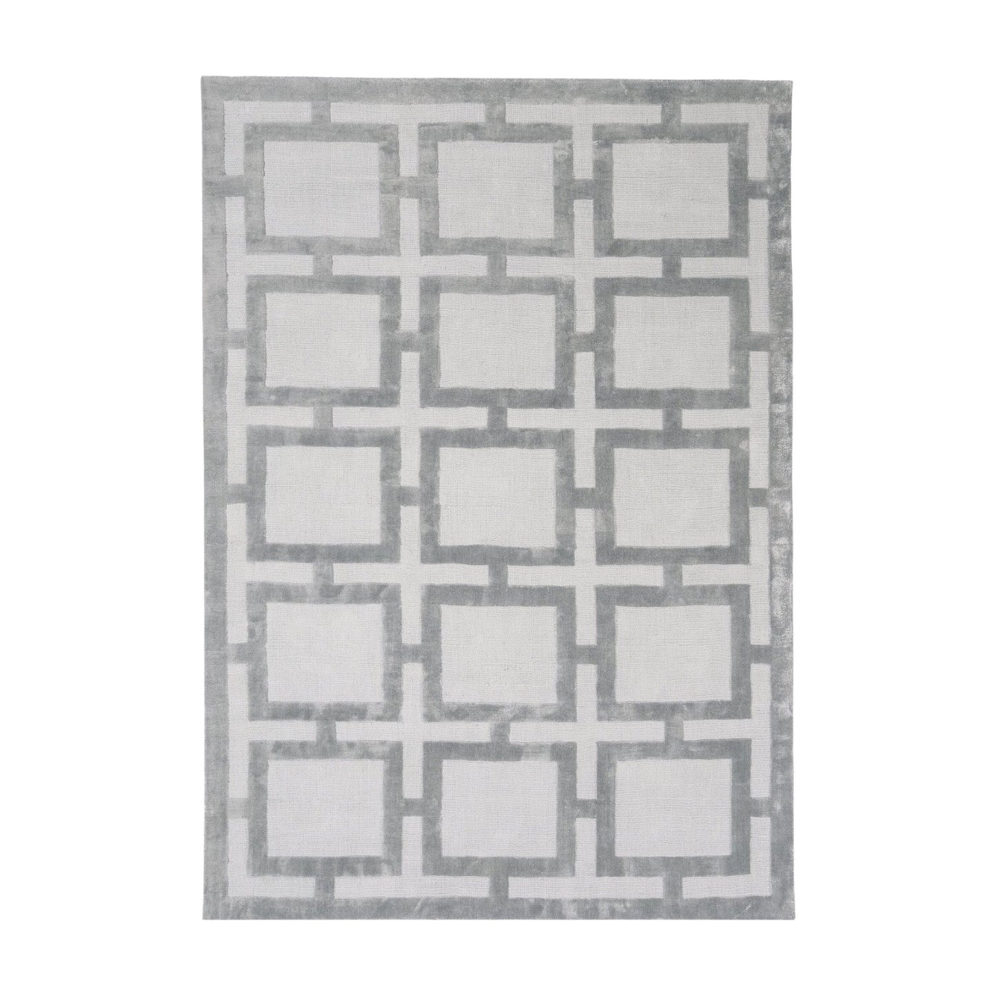 Gray and silver geometric patterned rug on a white background