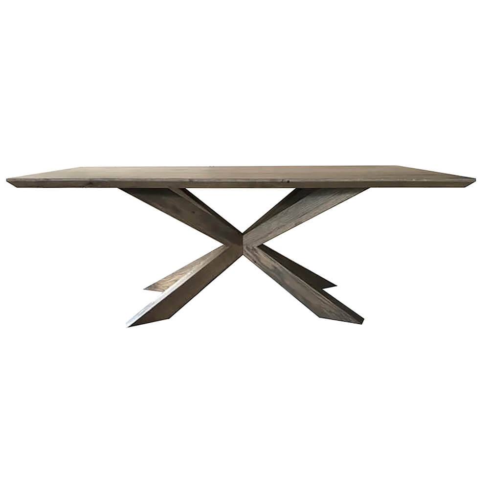 Wooden dining table with X-shaped legs on a white background