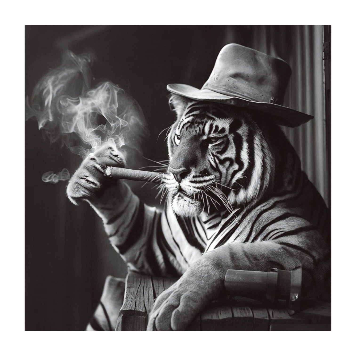 Stylised wall art featuring a tiger with exaggerated features, smoking a cigar, set against a neutral background. The tiger's bold lines and black and white colour scheme create a striking contrast, making this 30cm by 30cm tempered glass print a standout piece for modern or eclectic interiors.