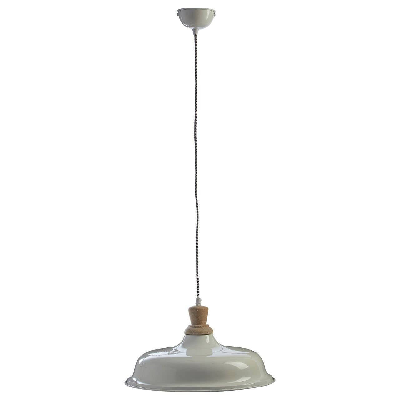 Pendant light with a white shade on a white background