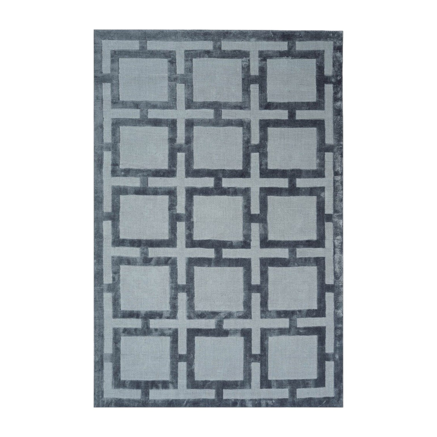 Geometric patterned rug with a blue and gray color scheme on a white background