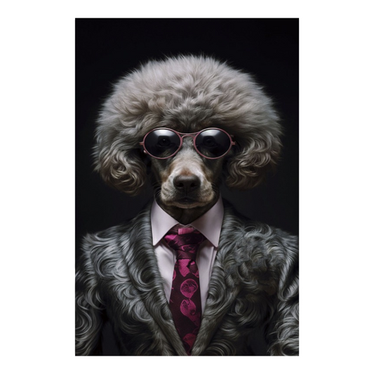 Tempered glass wall art measuring 90cm by 60cm, featuring a stylized grey poodle dog with exaggerated features, dressed in a formal suit and sunglasses, set against a dark background. The dog's bold lines and vivid colours create a striking contrast, making this piece a standout addition to modern or eclectic interiors.