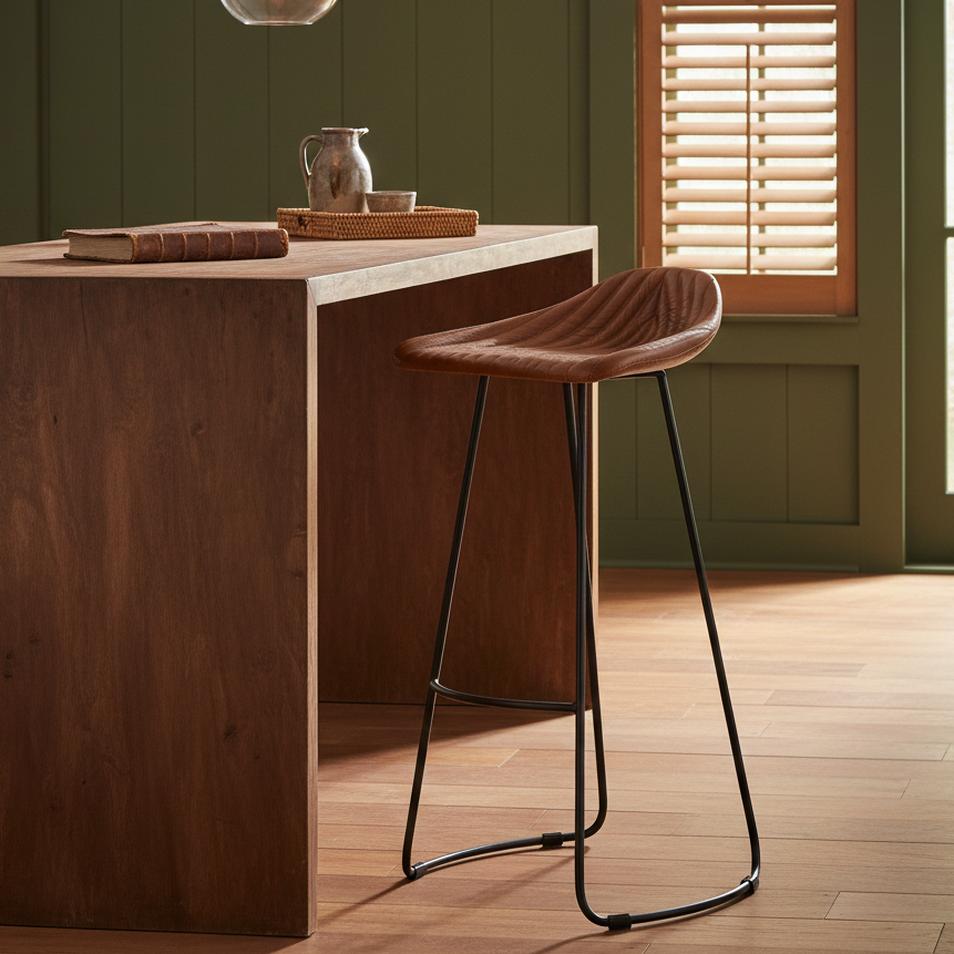 Wooden bar stool with black legs in a room with wooden floor and green walls.