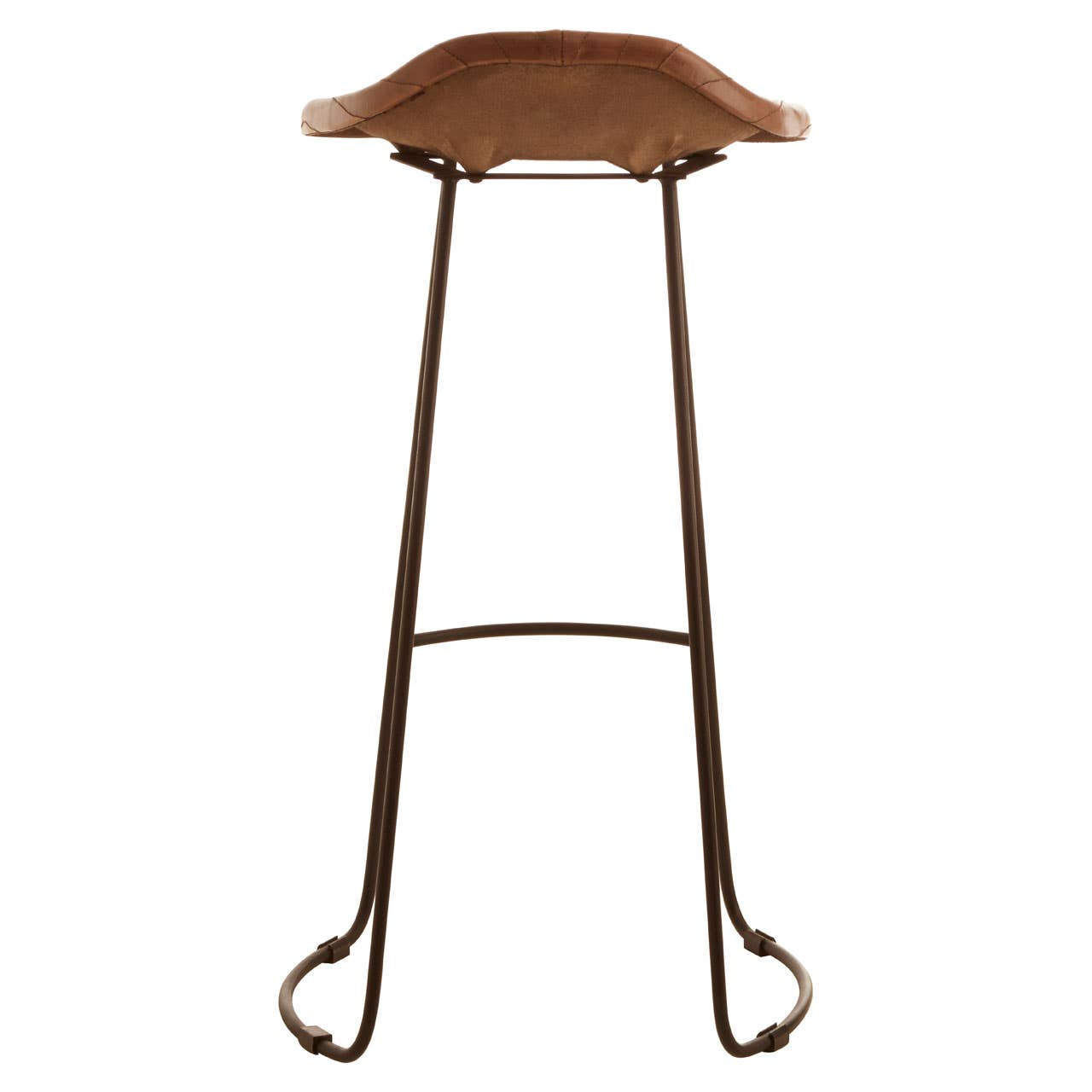 Brown leather bar stool with metal legs on a white background
