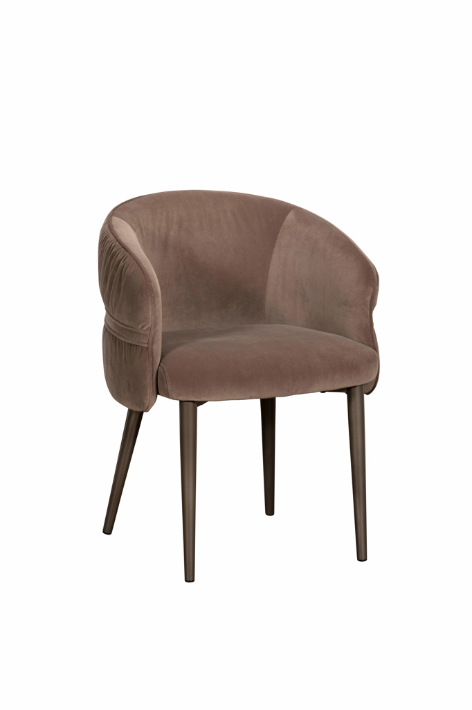 Brown upholstered chair with dark legs on a white background