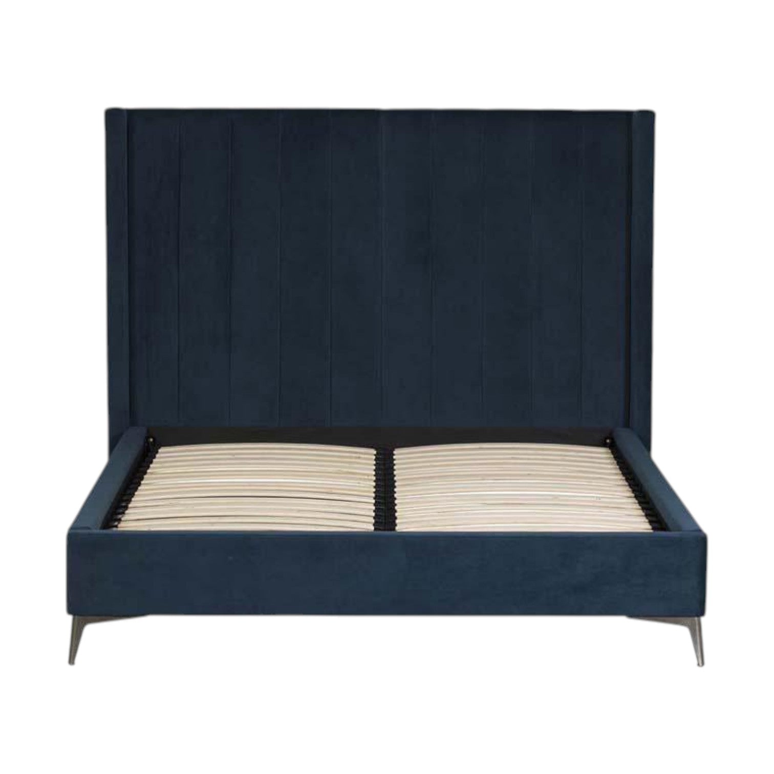 Navy blue upholstered bed with a white mattress on a white background