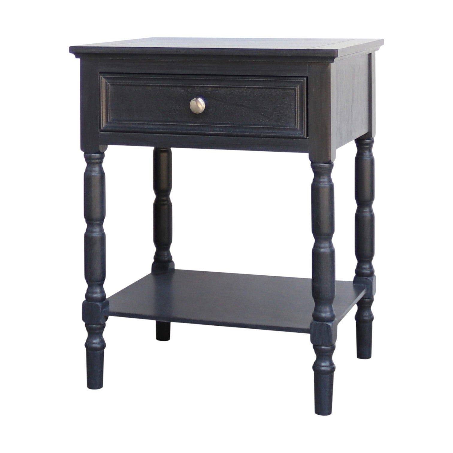 Black side table with a drawer on a white background