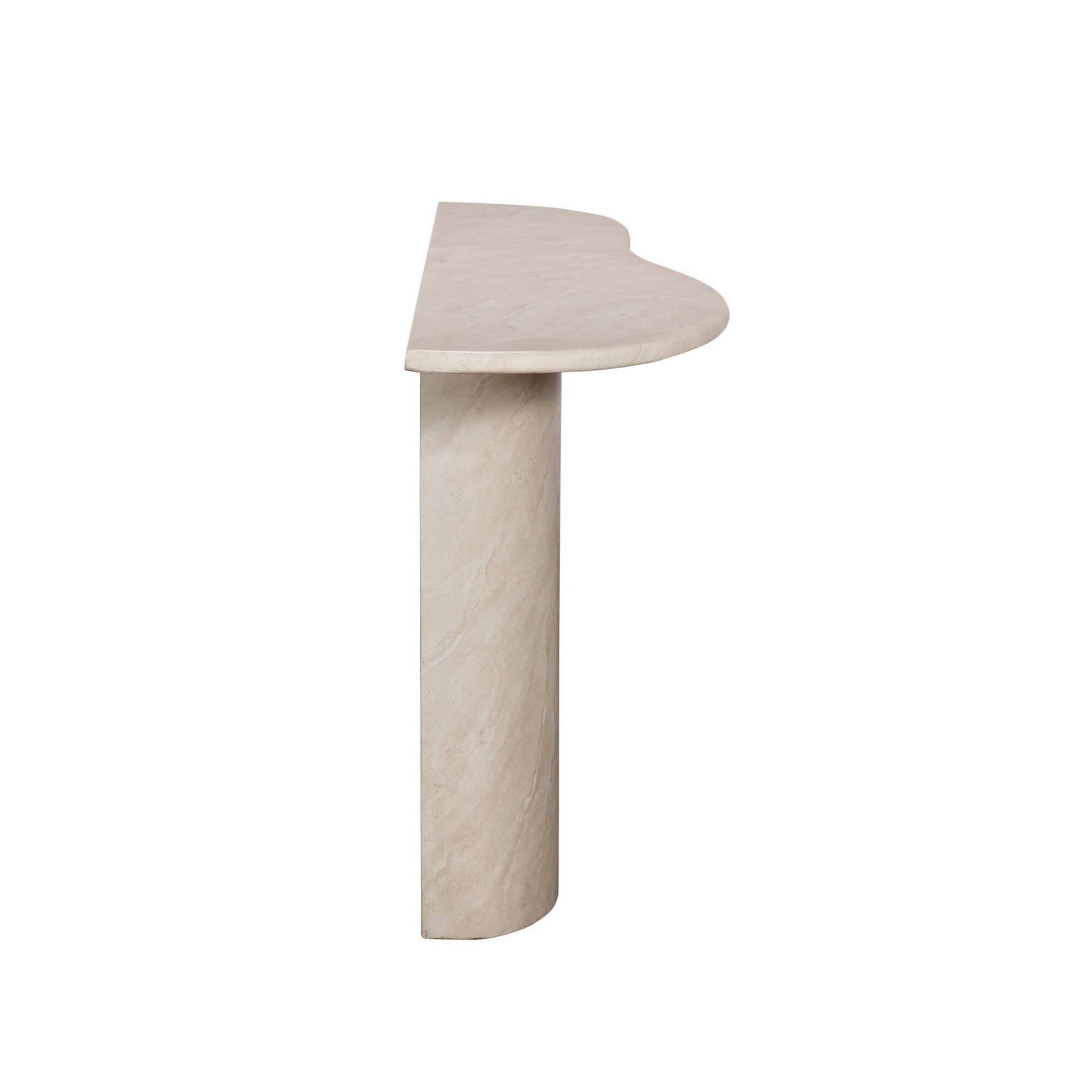 Beige console table with a cylindrical base on a white background