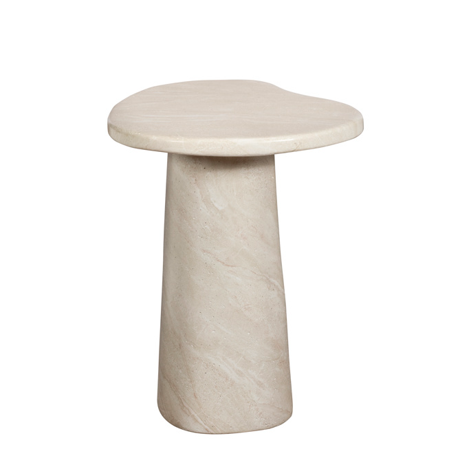 Marble side table with a round top and cylindrical base on a white background