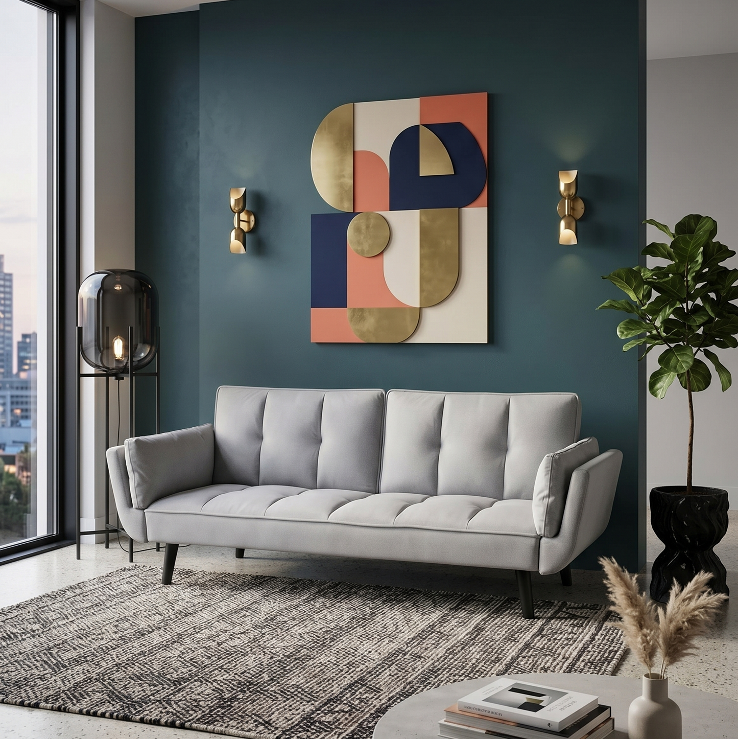 Modern living room with a gray sofa, abstract wall art, and decorative elements.