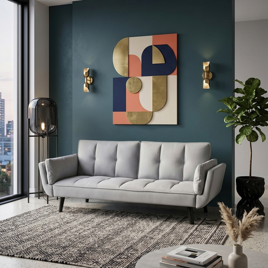 Modern living room with a gray sofa, abstract wall art, and decorative elements.