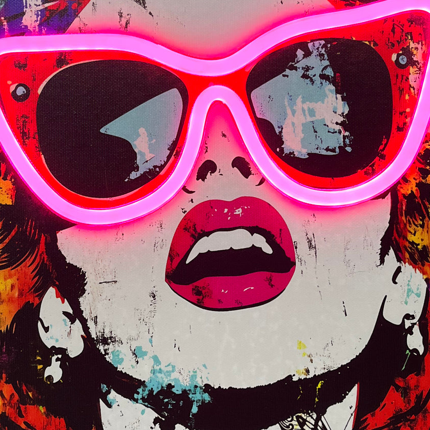 Colorful artwork of a person wearing neon pink sunglasses with a black frame.