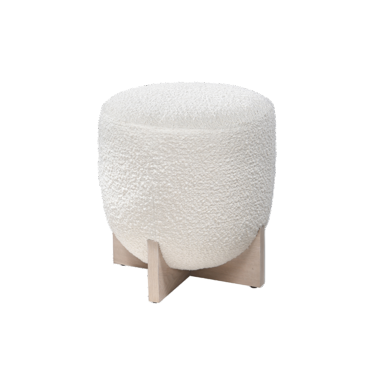 White textured ottoman with wooden legs on a white background