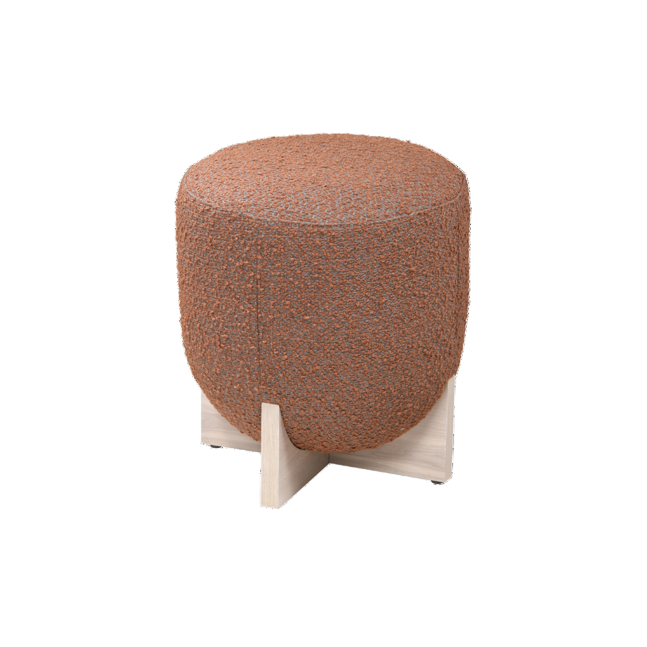 Round brown ottoman with a wooden base on a white background