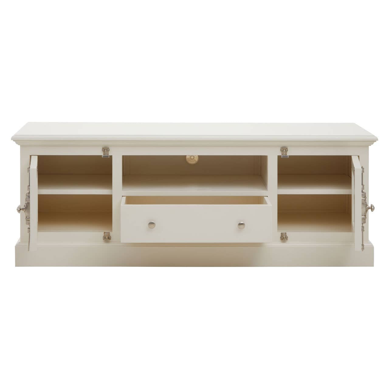 White wooden TV stand with three shelves and a drawer on a white background
