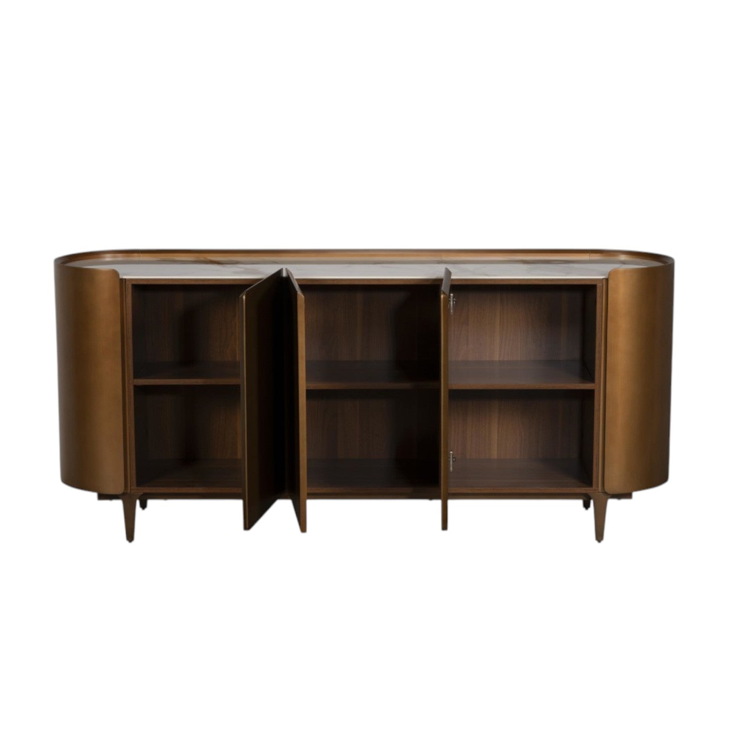 Wooden sideboard with open doors on a white background