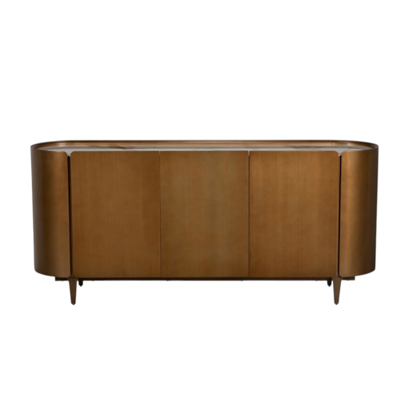 Wooden sideboard with a curved design on a white background