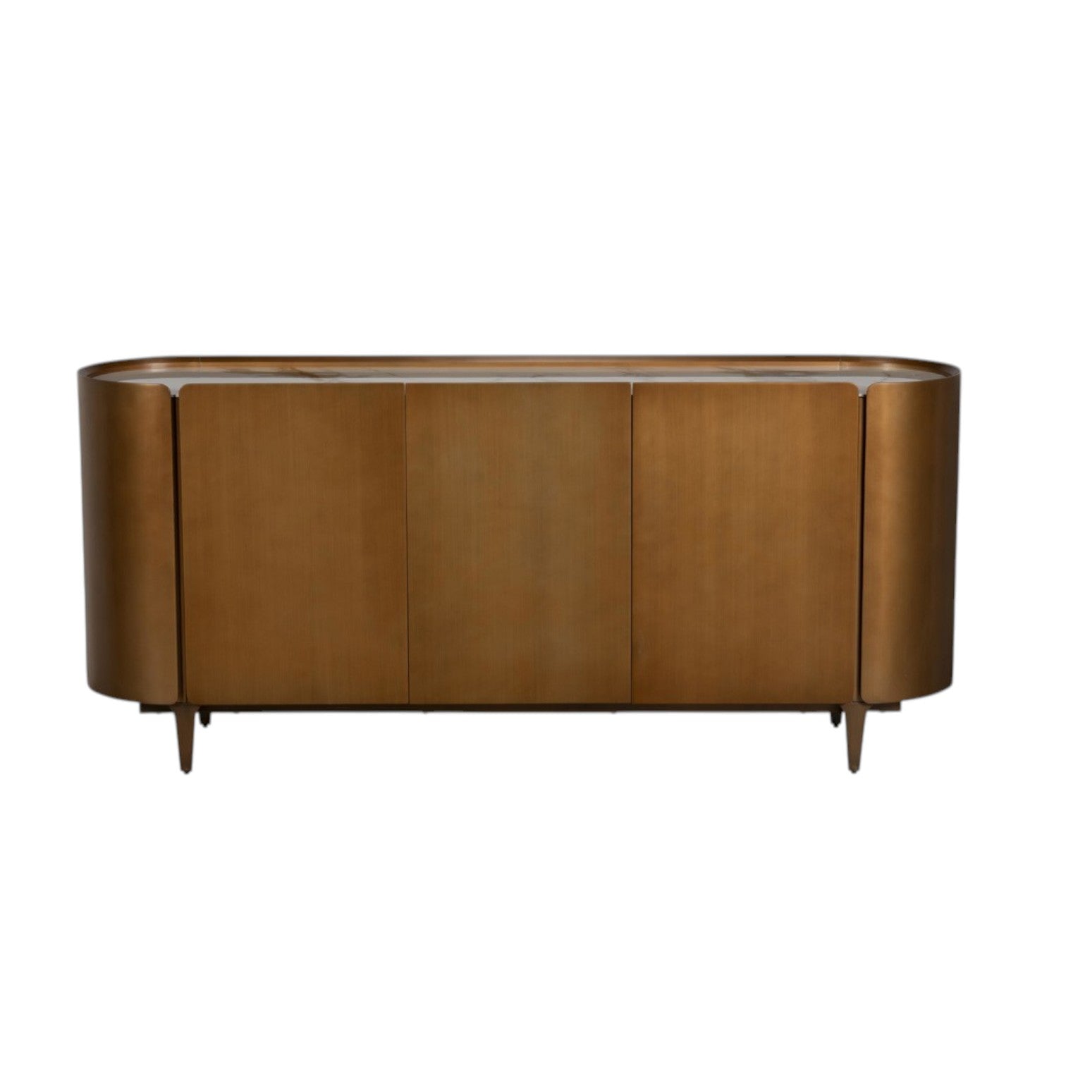Wooden sideboard with a curved design on a white background